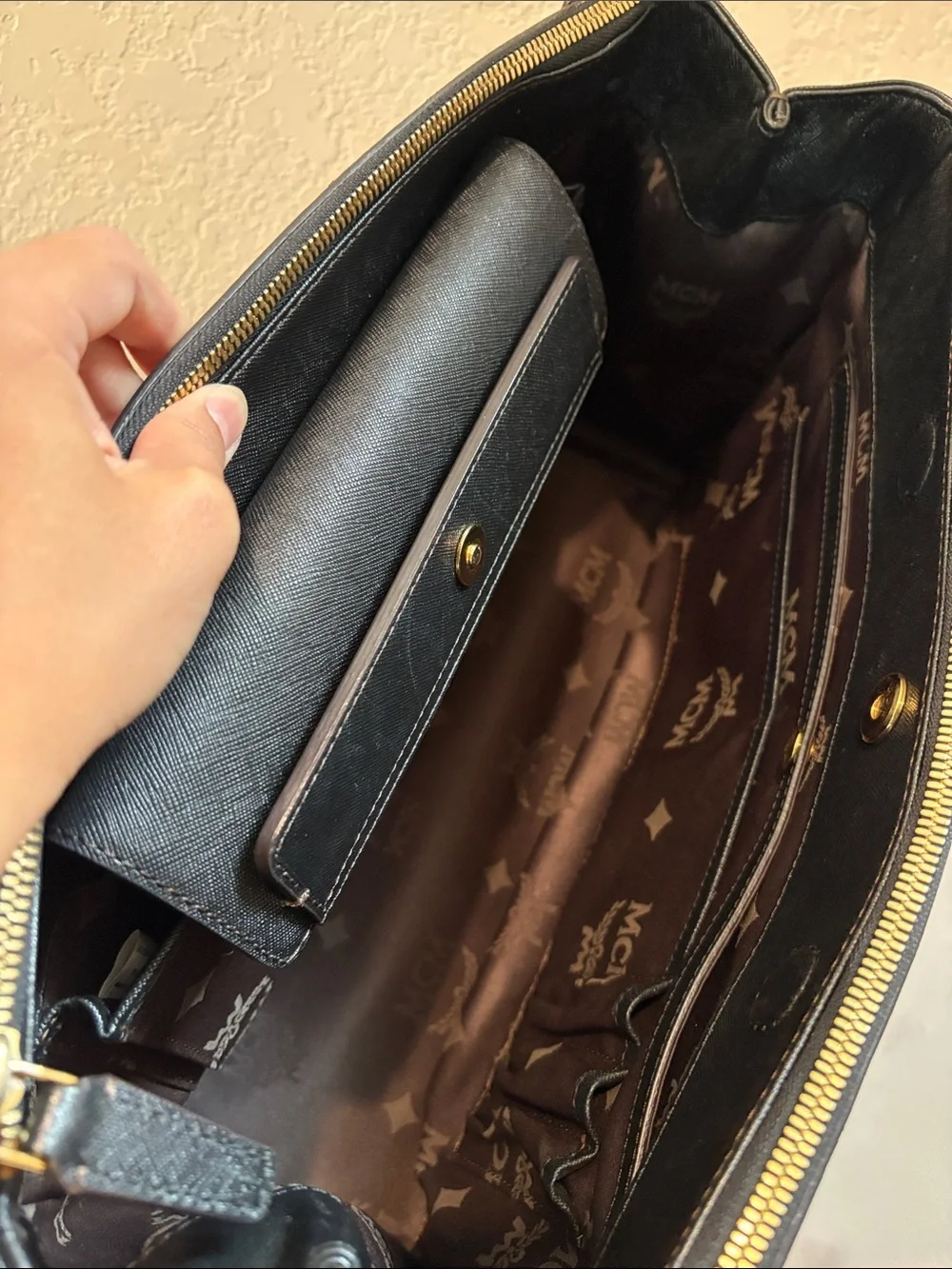 MCM Black Structured Satchel Bag with Gold Hardware